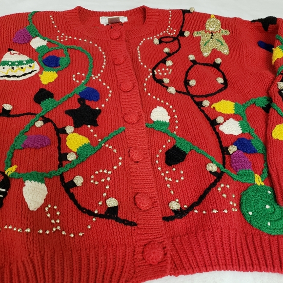 Vintage 90s Ugly Christmas Sweater Cardigan bulb lights Size medium - Picture 6 of 10